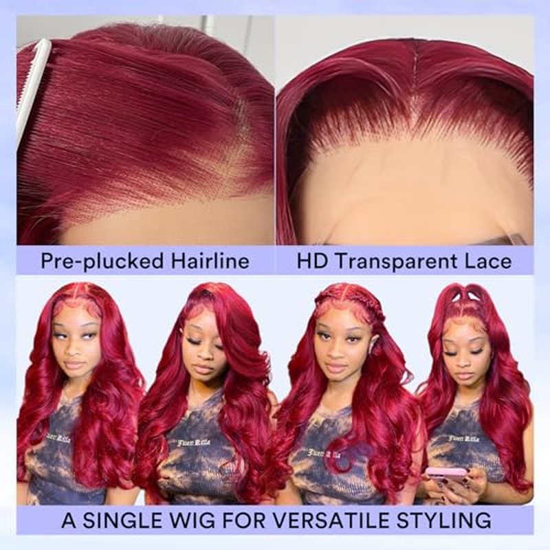 28 Inch 99j Burgundy Lace Front Wigs Human Hair 13x4 HD Red Burgundy Wig Human Hair 200 Density Wine Red Body Wave Lace Front Wigs Pre Plucked Glueless Frontal Wigs for Women