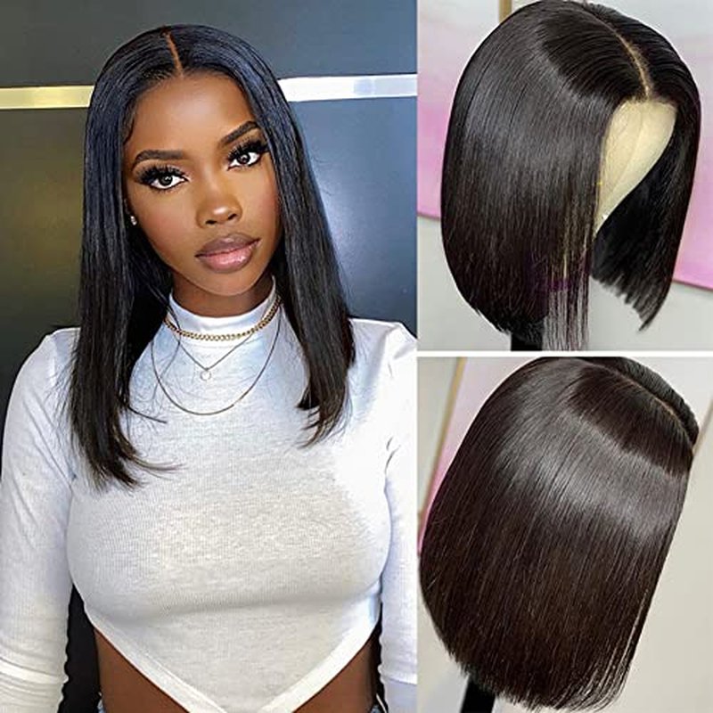 ISEE Hair Glueless Wear and Go Wigs for Beginners Lace Front for Black Women Human Hair Short Straight Bob Human Hair Wigs Lace Pre Cut 14 Inch