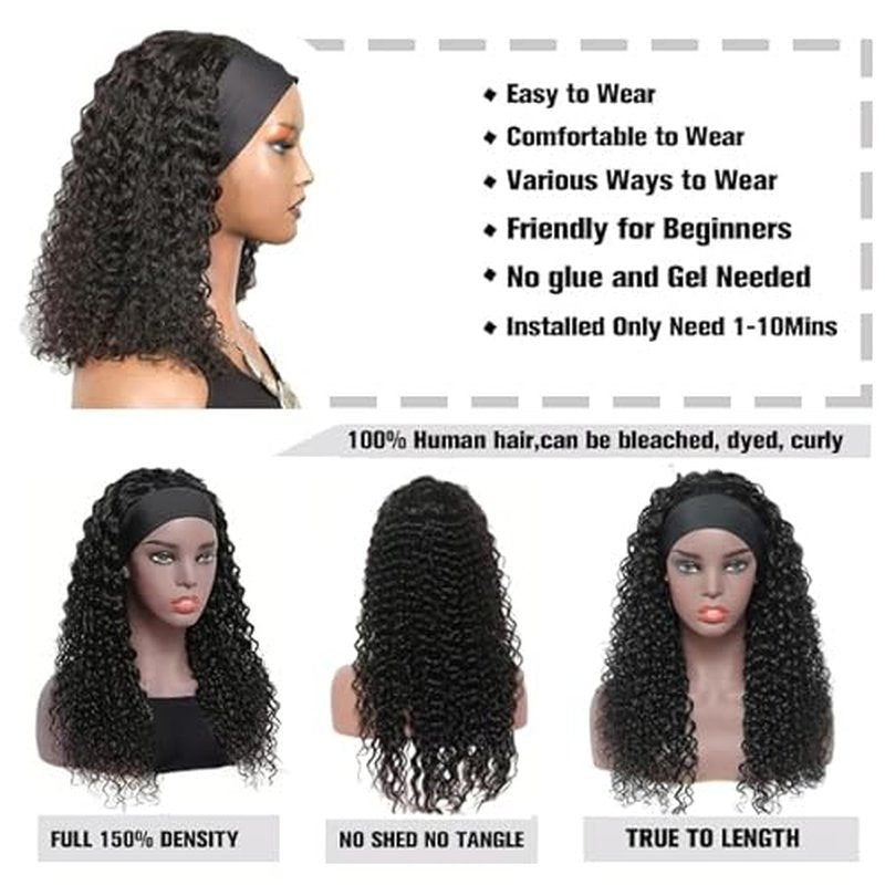 Curly Headband Wig Human Hair 22Inch Human Hair Headband Wig Glueless Wear and Go Human Hair Scarf None Lace Front Wigs 150% Density Natural Color