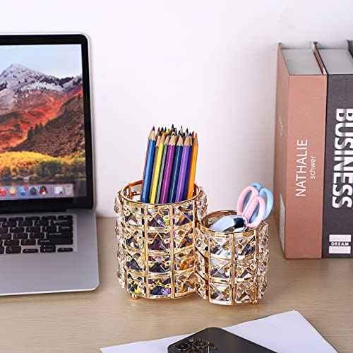 Hipiwe Makeup Brush Holder Gold Bling Crystal Makeup Brush Organizer Round Remote Control Holder Cosmetic Brush Tools Comb Pen Pencil Storage Pot Cup for Vanity, Office, Home Decor, 2-Slot