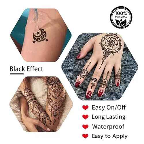 Temporary Tattoo kit£¬4Pcs Tattoo Cones,100% Natural Ready to Use Black Tattoo Paste, India Body DIY Art Painting for Women Men Kids with 20 Adhesive Stencils, 1 Bottle, 4Nozzles