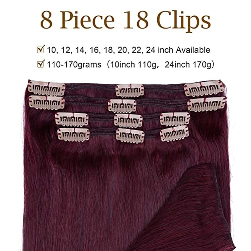 MY-LADY Double Weft 100% Remy Human Hair Clip in Extensions burgundy Full Head Thick Long Soft Straight 8pcs 18clips 18 inch 140g #99J Wine Red