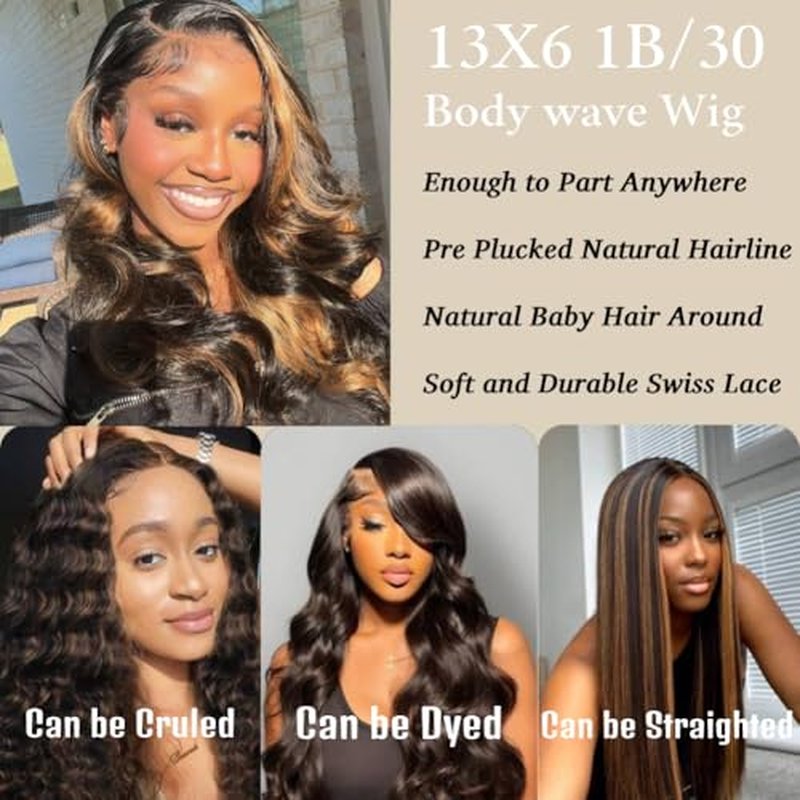 1B/30 Highlight Ombre Lace Front Wigs Human Hair 13x6 HD Glueless Body wave Lace Frontal Wigs 180% Density Brazilian Virgin Human Hair Wigs for Women Pre Plucked with Baby Hair (1B30, 24Inch)