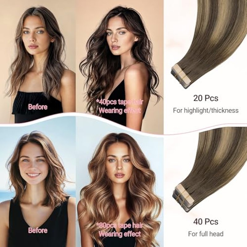 MAXITA Tape in Hair Extensions Human Hair 4/27/4 Chocolate Brown Mixed Caramel Blonde Balayage 18 Inch 100g 40pcs Thick Ends Straight Seamless Tape ins Remy Invisible Tape in Extensions Human Hair