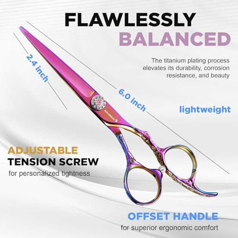 AOLANDUO Pink Professional Hair Scissors - VG10 Steel, Offset Handle, Case, Oil, Cloth - 1 Count, 6 in