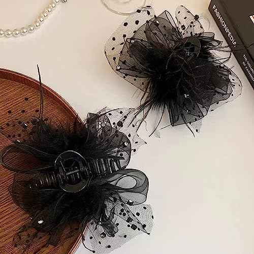 2Pc fashion Mesh Ostrich Hair Clip, Large Hair Clips for Thick and Thin Hair, Strong Hold Bow Claw Clips Non-slip Jaw Hairpin Fashion Hair Accessories Gifts for Women Girls