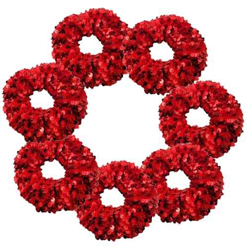 7 Pcs Sparkle Mermaid Sequins Dance Scrunchies Cheer Hair Scrunchies For Thick Hair School Performance Scrunchy Sports Ponytail Holder Wrist for Girls Cosplay Show (Red)