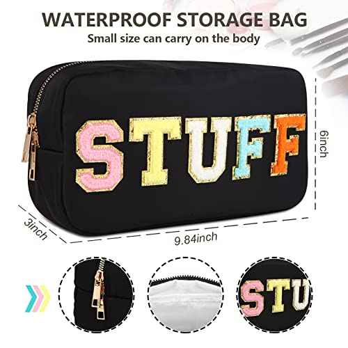 4PCS Nylon Zipper Waterproof Preppy Makeup Organizer Bag Set - Cosmetic Stuff Pouch for Women Travel Toiletry Organization Outdoor with Chenille Letter Patches