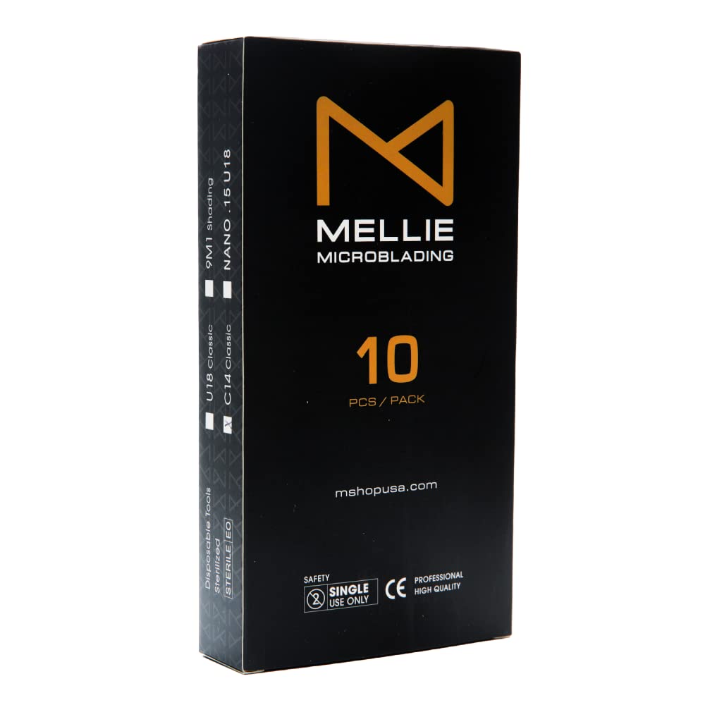 PACK OF 10 - Mellie Microblading Disposable Microblading Pen with Pigment Sponge Disposable Tool For Creating Eyebrows Microblading Supplies (Black, C14 .18mm)
