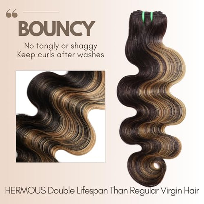 13A Double Drawn Honey Blonde Highlight FB27 Bundles Body Wave Human Hair, Black With Honey Brown Highlight Human Hair 3 Bundles Unprocessed Remy Hair F1B/27 Ombre Hair Extension 10 12 14 Inch
