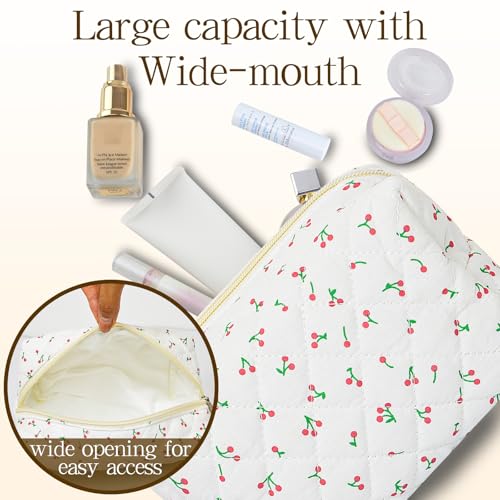 Quilted Makeup Pouch,Cotton Puffy Makeup Bag, Coquette Cosmetic Bag for Women and Girls, Aesthetic Organizer Bag, Cute Flower Travel Toiletry Bag