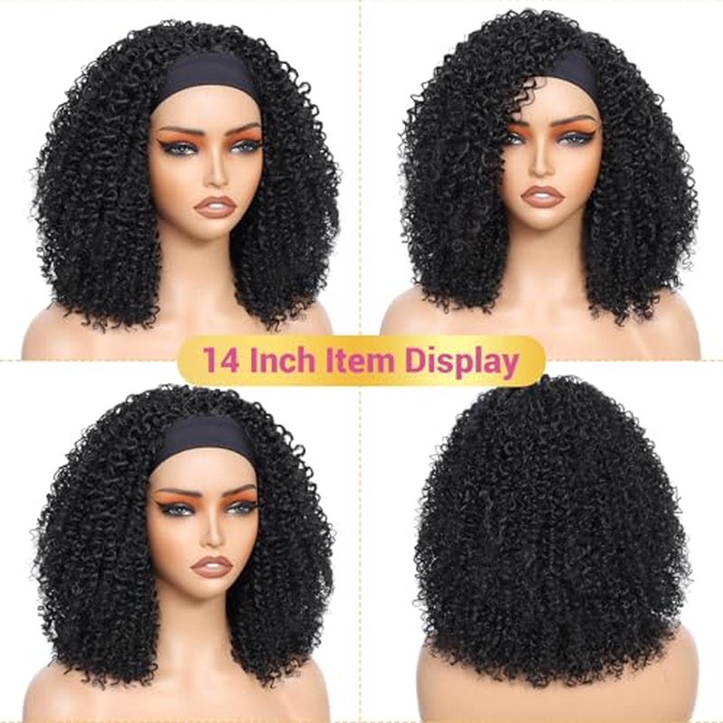 Urbeauty Short Kinky Curly Headband Wigs for Black Women Human Hair Soft Feeling Protein Silk Synthetic Hair Soft Lightweight Glueless Quick Install, Beginner Friendly Daily & Flip Over Wig