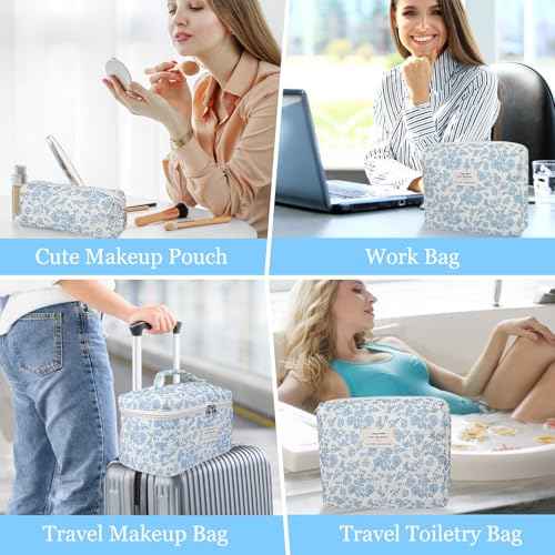 Makeup Bag Set, Quilted Makeup Bag, Large Floral Cosmetic Bag for Women, Cute Cotton Makeup Bags, Flower Travel Toiletry Organizer Bag (Black Rose Flower)