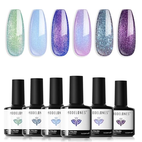 modelones Chameleon Gel Nail Polish Set- 6 Colors Winter Aurora Shimmer Glitter Gel Polish Kit Blue Green Purple Nail Gel Polish Thanksgiving Soak Off LED Nail Lamp Nail Art Gel Kit DIY Salon Gift