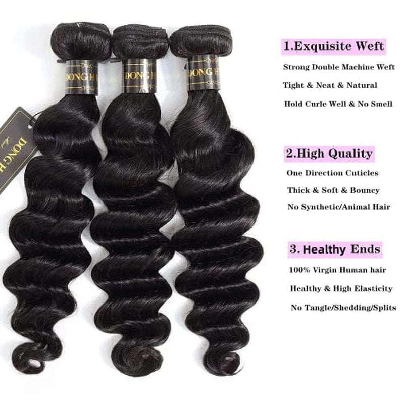 9A Peruvian Loose Deep Wave Bundles with Closure, Peruvian Virgin Hair Long Loose Deep Hair 3 Bundles with 4x4 Top French Lace Closure with Baby Hair ¡¦ (12/14/16+10 Inch, 3 Bundles+Free Part Closure)