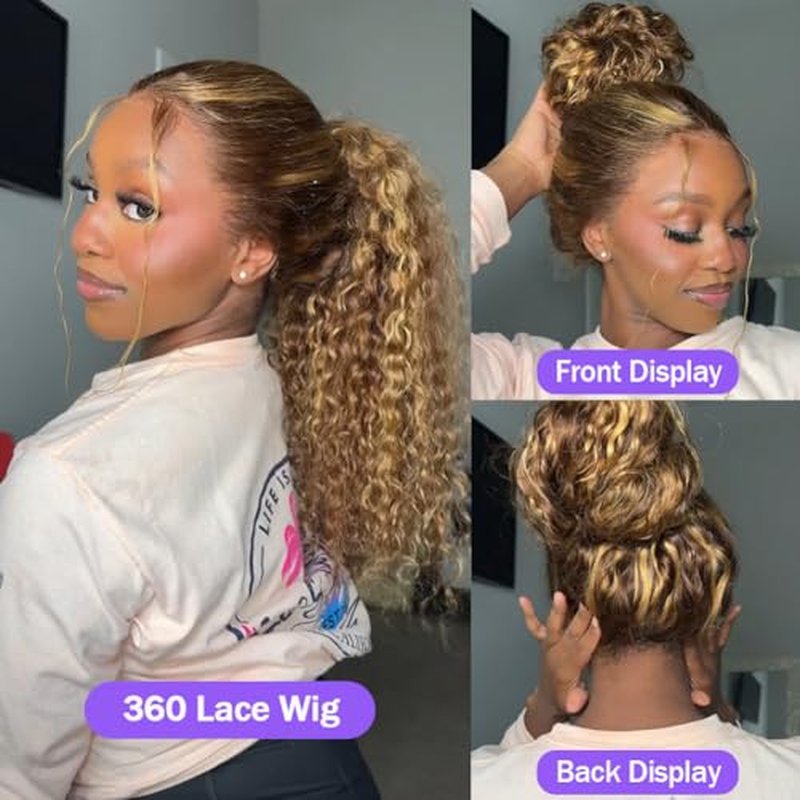 Highlight 360 Lace Front Wigs Human Hair Honey Blonde Deep Wave HD Lace Front Wigs Human Hair Pre Plucked Drawstring 360 Frontal Glueless Wigs 180 Density 4/27 Ombre Full Lace Wig 20 Inch
