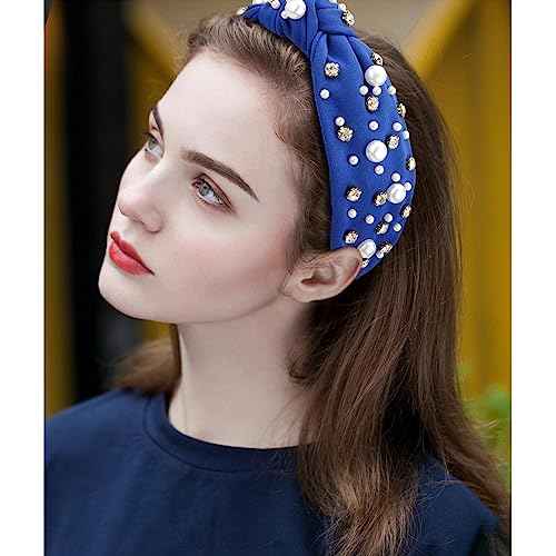 Knotted Headbands with Pearl Rhinestone Royal Blue Womens Headbands Wide Top Knot Headbands Beaded Headband Crystal Jeweled Head Bands for Women's Hair Embellished Headbands Non Slip Sparkly Hair Bands Fashion Hair Accessories for Girls Gifts