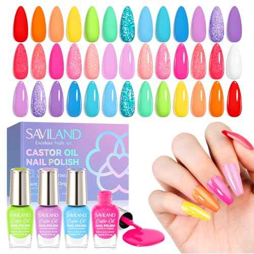 SAVILAND Quick-Dry Nail Polish Set - 20pcs Neon Rainbow Brights, Fingernail Polish Non-Gel Summer Colors with Castor Oil Infused Base & Glossy/Matte Top Nail Coats for Salon & Home Manicures DIY