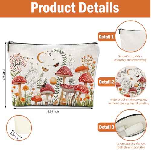 2 PCs Floral Mushroom Makeup Bag Mushroom Gifts Cosmetic Bag, Mushroom Stuff mushroom bag, Mushroom Gift for Women Girls Friends Coworkers Christmas birthday Gifts Botanical Zipper Pouch