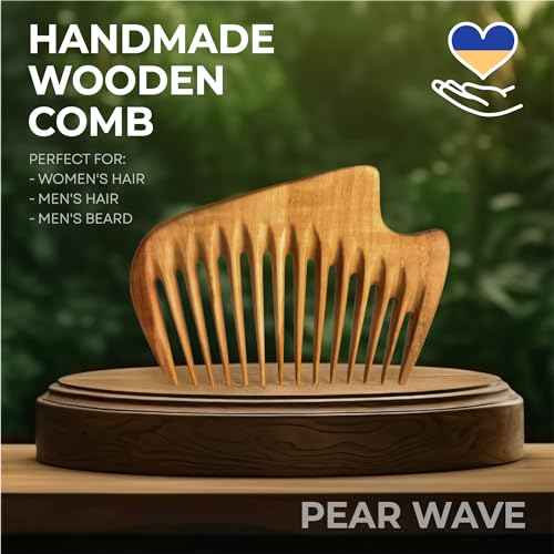 Handmade Wooden Hair Comb - Natural Wood Hair Care, Scalp Massager, Eco-Friendly Perfect for use with Balms and Oils New Wave (Pear Wave)