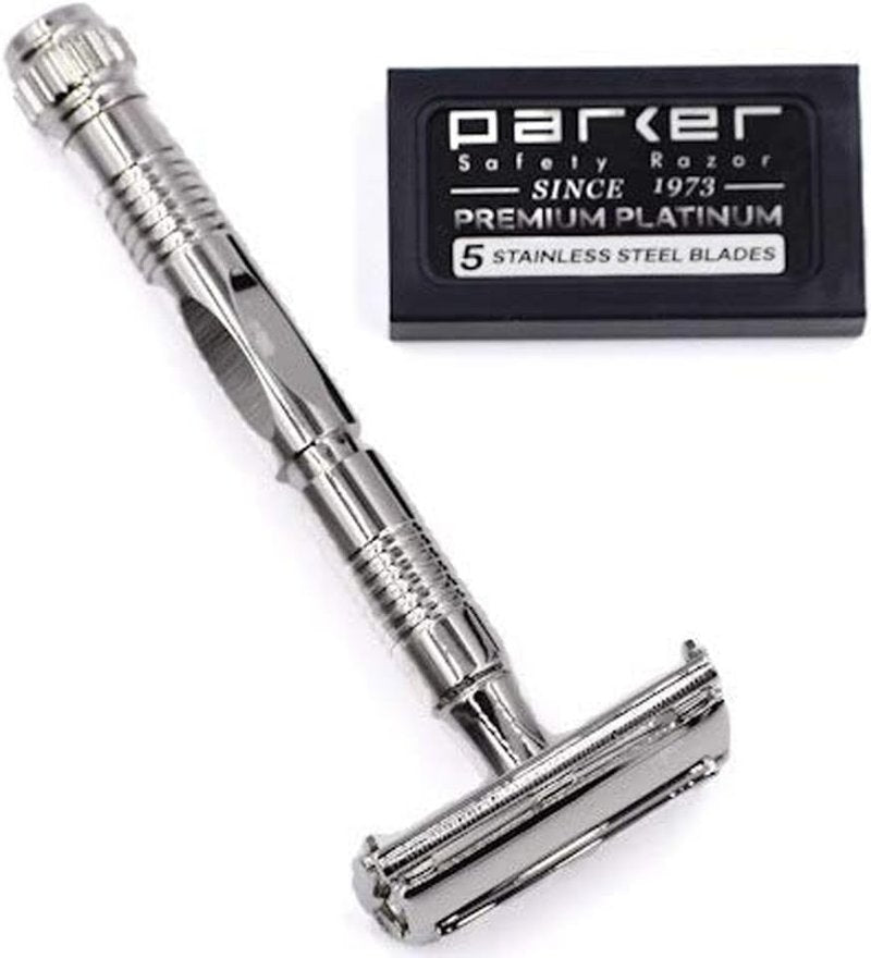 Parker Safety Razor - Nickel Plated Long Handle Butterfly Design | Includes 5 Premium Blades