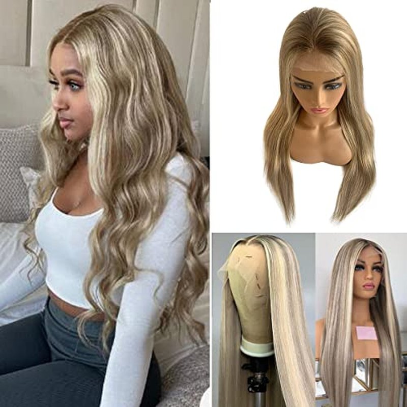 Highlight Colored Lace Front Human Hair Wigs 20Inch Ombre Ash Brown to Blonde Brazilian 150% Density Glueless Highlights 13x4 Transparent Lace Front Wigs Human Hair Pre Plucked for Women(#8/18/60)
