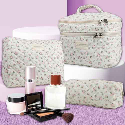 Dual Layer Cute Makeup Bag for Women(3 Pcs), Quilted Floral Coquette Aesthetic Make up Bags, Travel Cosmetic Bags Toiletry Organizer Bag(Pink Rose)