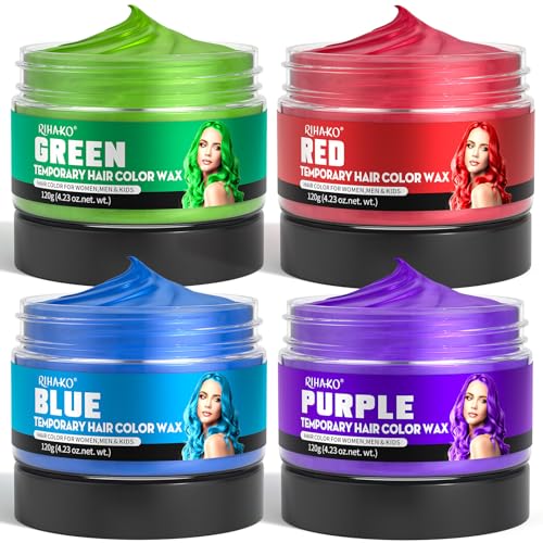 Halloween Party 4 Colors Temporary Hair Color for Kids,Gifts for Teens,Girls,Boys,Fun Gifts for Kids,Temporary Hair Dye,Green Purple Red Blue Hair Dye Color Wax,DIY Hairstyle Instant Color Wax