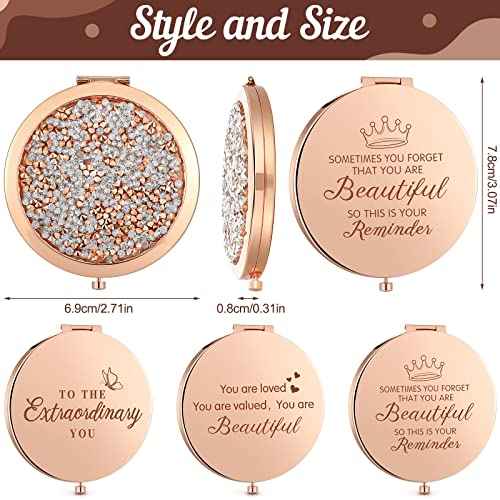 Roowest 16 Pack Metal Rhinestone Compact Mirror Bulk for Women Inspirational Rose Gold Magnifying Pocket Mirrors for Purses Women Girls Events Wedding Bridal Shower Favors