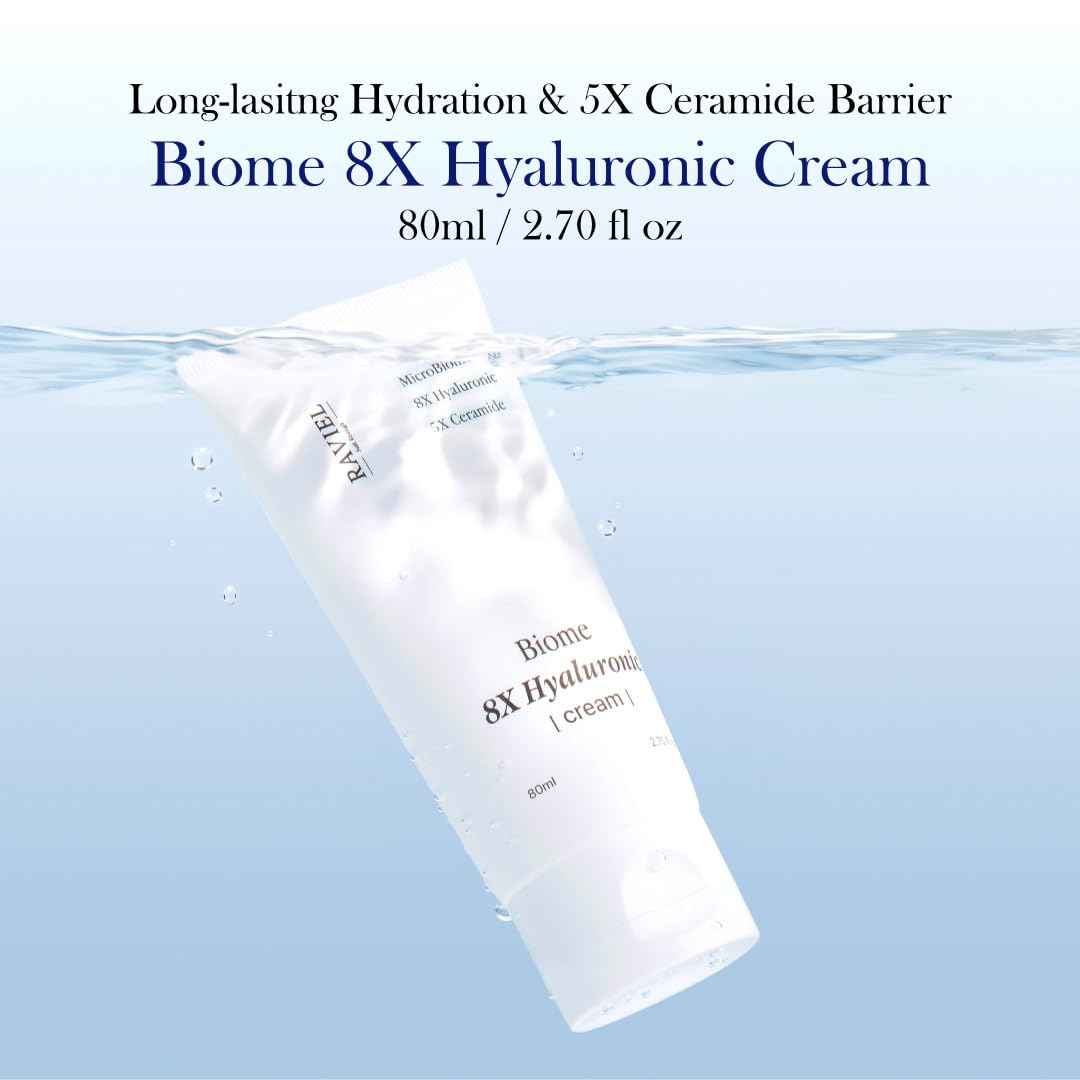 RAVIEL Biome 8X Hyaluronic Cream – Deep Moisture Glow Cream with 5X Ceramide for Inner Hydration, Skin Firmness & Pore-Less Finish, Korean Skincare, 80ml,2.70 fl oz