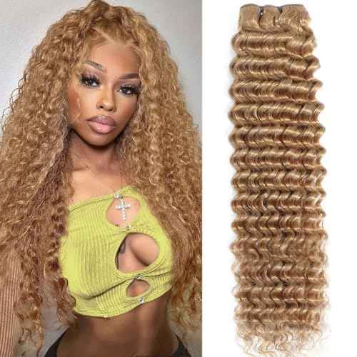 Honey Blonde Deep Wave Bundles Human Hair Color #27 Blonde Curly Bundle for Black Women 18 Inch Double Weft Colored Wet and Wavy Human Hair Bundle