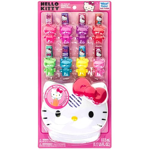 Townley Girl Hello Kitty 8 Pack Non-Toxic Peel-Off Shimmer and Opaque, Water-Based Safe Nail Polish Set with Nail Dryer for Kids, AA Batteries Not Included, Ages 3 and Up