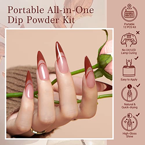 AZUREBEAUTY Dip Powder Nail Kit Starter, Fall 4 Colors Skin Nude Brown Glitter, Acrylic Dipping Powder Liquid Set with Base/Top Coat Activator for Daily French Nail Art Manicure DIY Gift 12 Pcs