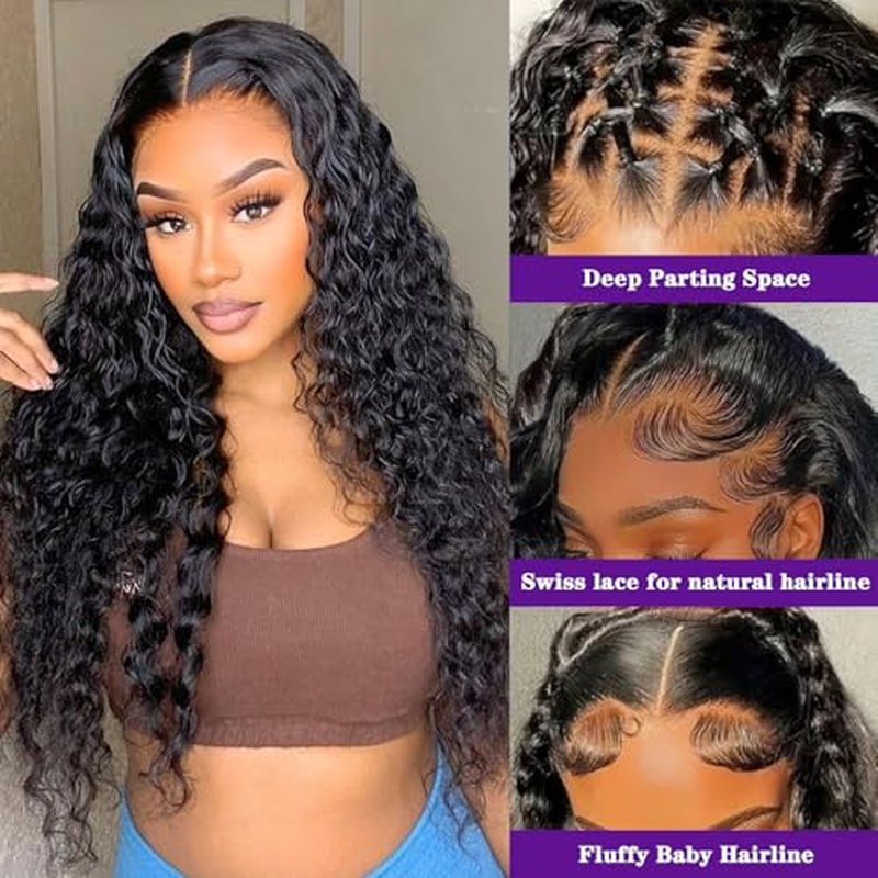 Deep Wave Lace Front Wigs Human Hair 13x6 HD Pre Plucked curly wig 200 Density Deep Wave Curly Glueless Frontal Wigs for woman Human Hair £¨20 inch,Natural Black£©