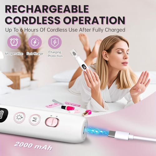 Electric Nail Drill, Cordless 2000 mAh Rechargeable Portable Nail File 12 in 1 Kit for Thick Toenails, 10 Speeds Nail Dril Machine Professional Manicure Pedicure for Hand Natural Nails Care (White)
