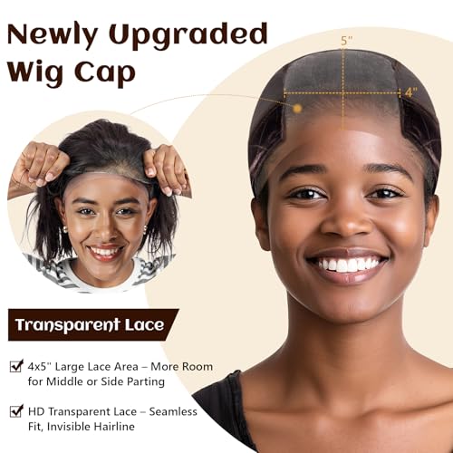 Lace Wig Cap for Women Non Slip, Glueless Wig Grip Cap with 4x5 Transparent Swiss Lace Front, Adjustable Wig Cap with Velvet Grip Band (Brown)