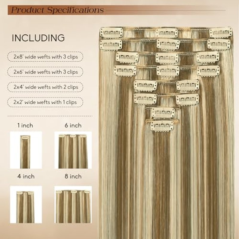 Clip in Hair Extensions Real Human Hair 24Inch 8pcs 120g Seamless Balayage Blonde Hair Extensions Clip Ins Double Weft Light Blonde Highlight Golden Blonde Invisible Straight Remy Human Hair for Women