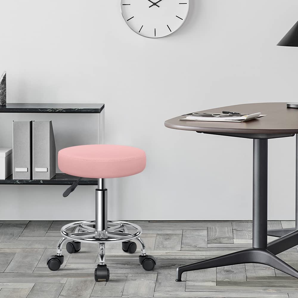 KKTONER PU Leather Round Rolling Stool with Foot Rest Swivel Height Adjustment Spa Drafting Salon Tattoo Work Office Massage Stools Task Chair Cushion 14 inches(Pink)