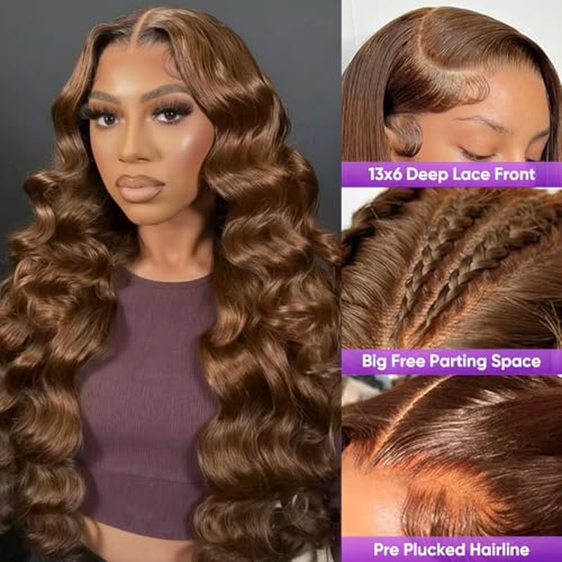 26 Inch Brown Body Wave Human Hair Wig Pre Plucked 13x6 HD Transparent Lace Frontal Wigs Human Hair 200% Density Glueless Brown Body Wave Lace Frontal Wigs for Women