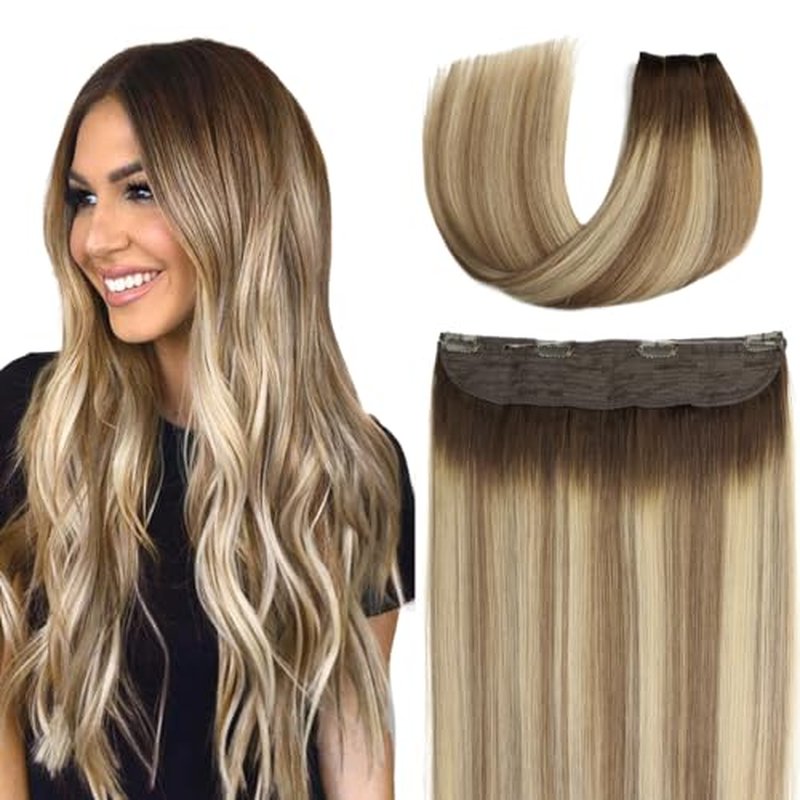 SURNEL Wire Hair Extensions 20 inch Balayage Walnut Brown to Ash Brown and Golden Blonde Invisible Wire Human Hair Extensions 80g(20,3/8/22)