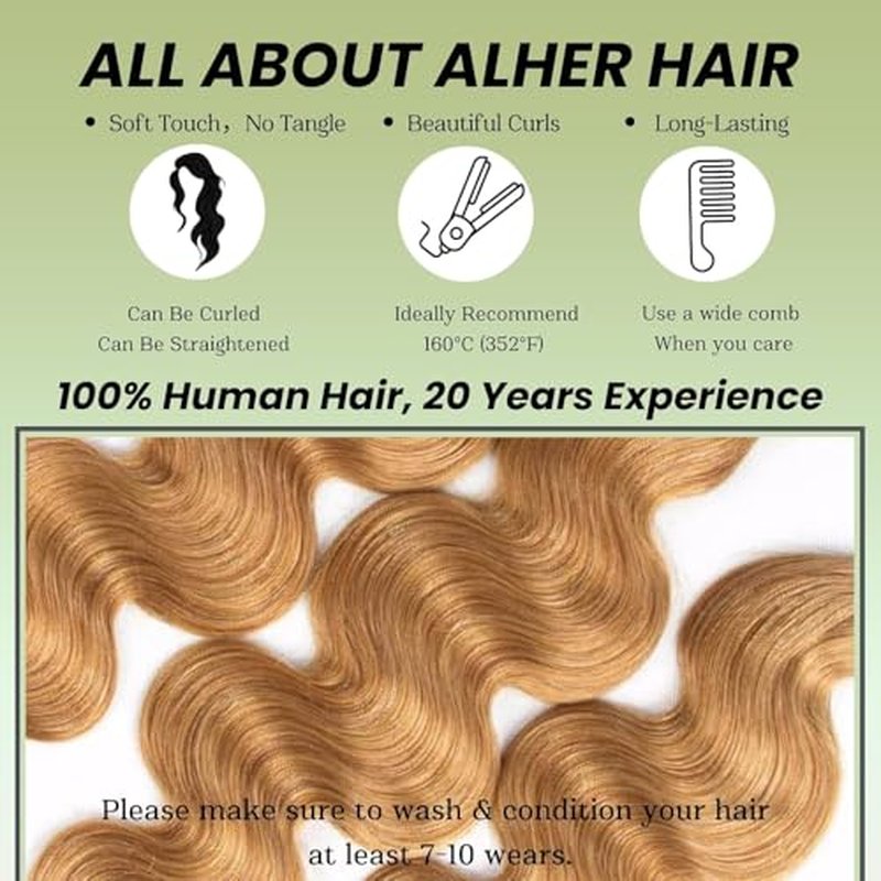 ALHER Honey Blonde Body Wave 3 Bundles Human Hair, 12A Color #27 Sun-kissed Vibe Golden Blonde Colored Human Hair Bundles Sew In Weave Wavy 100% Unprocessed Virgin Remy Hair 10 12 14 In