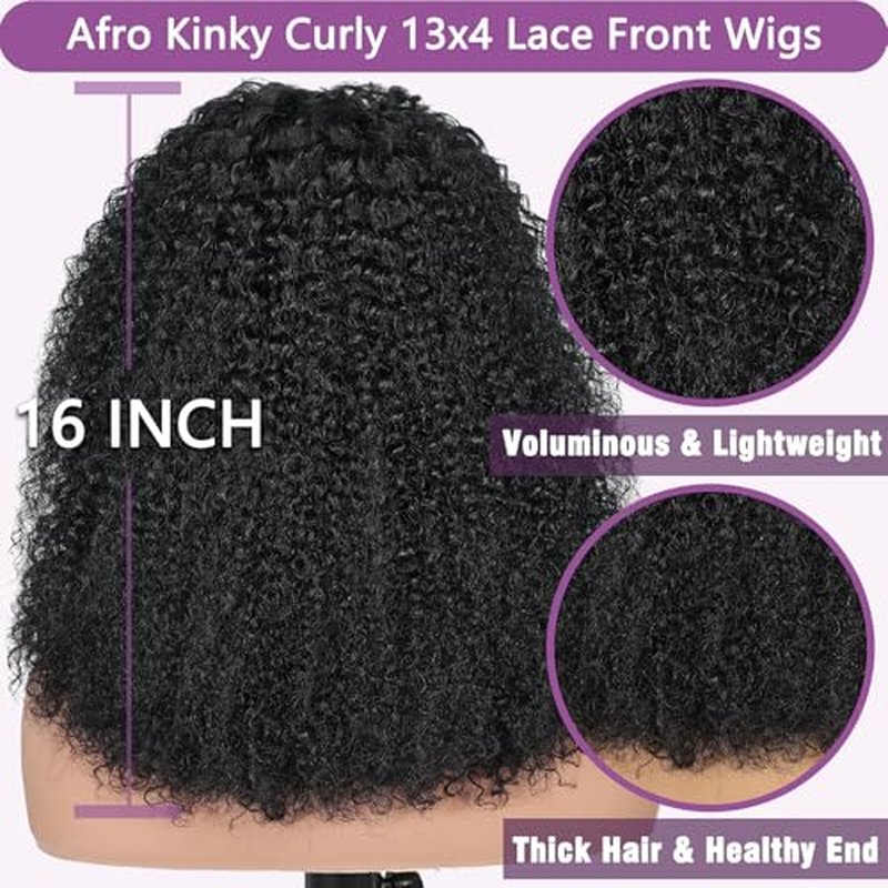 Curly Afro Wig Human Hair, 13x4 Lace Front Kinky Curly Glueless Wigs, 180 Density Pre Plucked Transparent Lace Frontal Brazilian Human Hair Bob Wig for Black Women, 4A/4B Natural Black 16 Inch