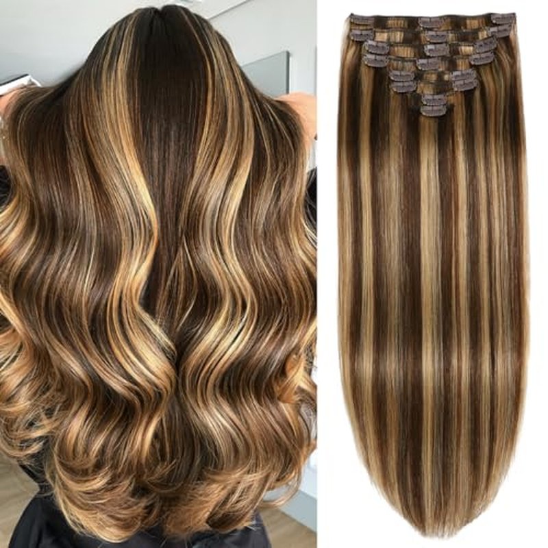 Clip in Hair Extensions Real Human Hair, 22inch 110g, 100% Brazilian Remy Human Hair Clip ins for Women, Double Weft Invisible 8pcs, #4/27 Chocolate Brown to Honey Blonde