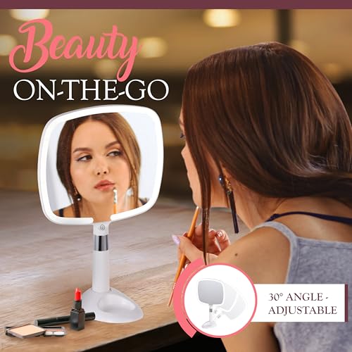 MIRRORVANA Lighted Travel Hand Mirror with Comfy Handle and Detachable Stand - Portable, Thin and Lightweight Design - Rechargeable with 3 LED Light Settings - 9" x 13" (White)