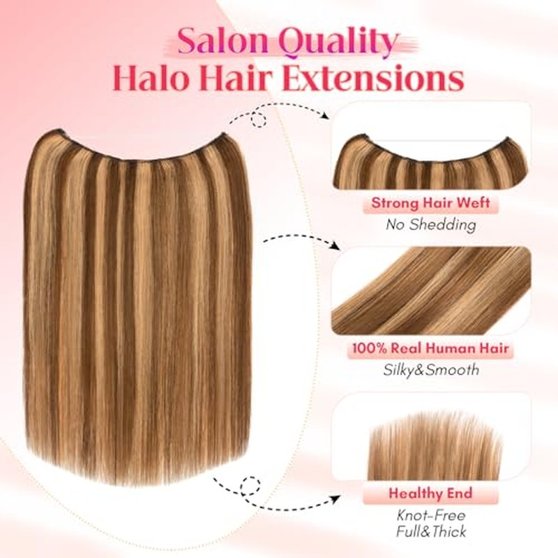 Rich Choices 100% Real Human Halo Hair Extensions for Women Remy Halo Extension Invisible Wire Hairpiece Clip in One Piece Hairpiece Adds Weight 100g 20 Inch #4P27 Medium Brown Highlight Dark Blonde