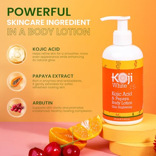 Koji White Kojic Acid & Papaya Body Lotion, Women Gift Sets for Exfoliating, Skin Brightening, Moisturizer, Radiance, Even Tone, Age Spots & Sun Damaged, Vegan, Paraben-Free, 8.45 Fl Oz (2 Bottles)
