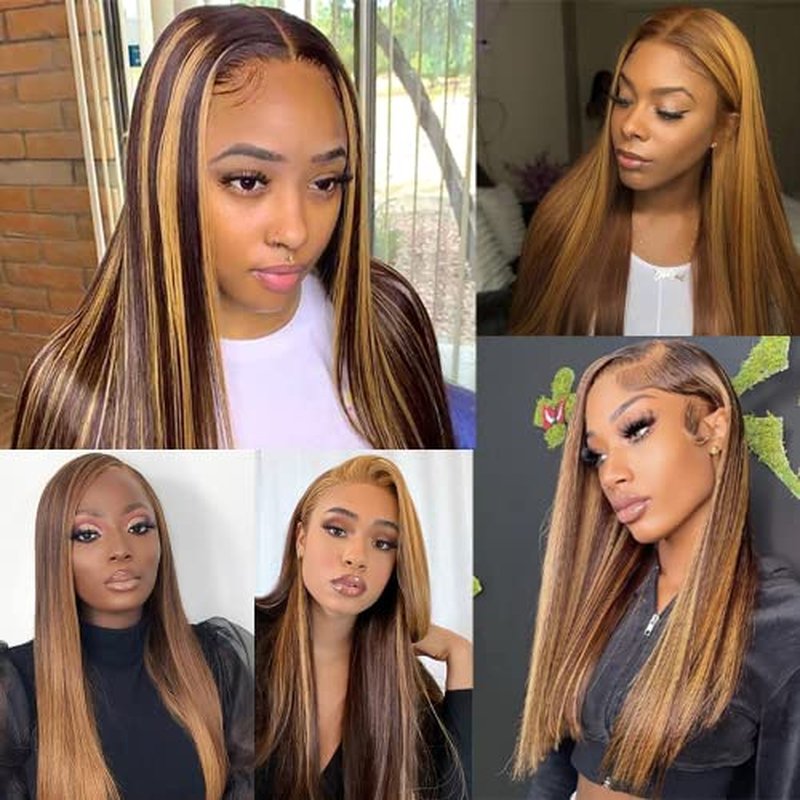 T1BP4/27 Human Hair Straight Bundles 26 28 30 inch Double Weft Brazilian Hair Extensions Ombre 3 Tone Dark Brown and Color 27 Honey Blonde Bundles for Women