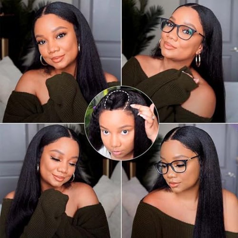U Part Wigs Human Hair Yaki Straight Glueless Wig Human Hair 200% Density Yaki Straight U Shape Wig Upgrade None Lace No Sew In U Part Wigs With Drawstring Beginner Friendly,Natural Color(18 Inch)