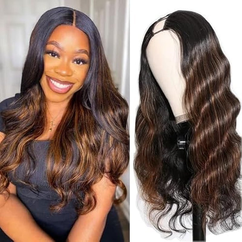 V Part Wigs Human Hair Body Wave 1B/30 Highlight Ombre Wigs for Black Women Wear and Go Glueless Human Hair Wig Upgrade U Part Wig No Sew in No Glue Beginner Friendly 180% Density 22 inch
