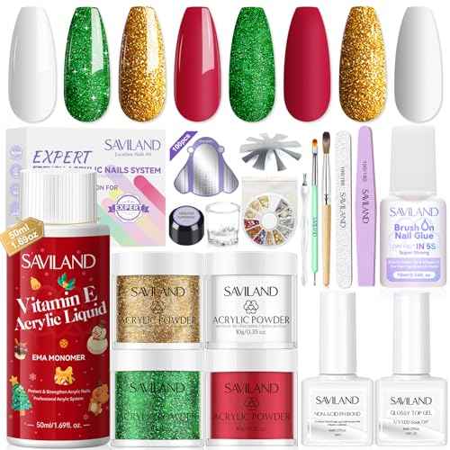 Saviland Acrylic Nail Kit for Starter: 4 Colors Acrylic Powder EMA Monomer Liquid Nail Brush(12#) for Extension Christmas Gift Set